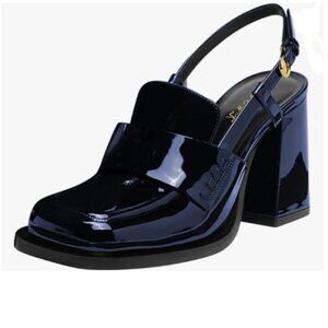 FOWT Navy Platform Square Toe Loafers Chunky High Heel Slingback Slip on Pumps